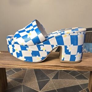 Larroude Miso Platform Slides Sandals Blue Checked Daisy